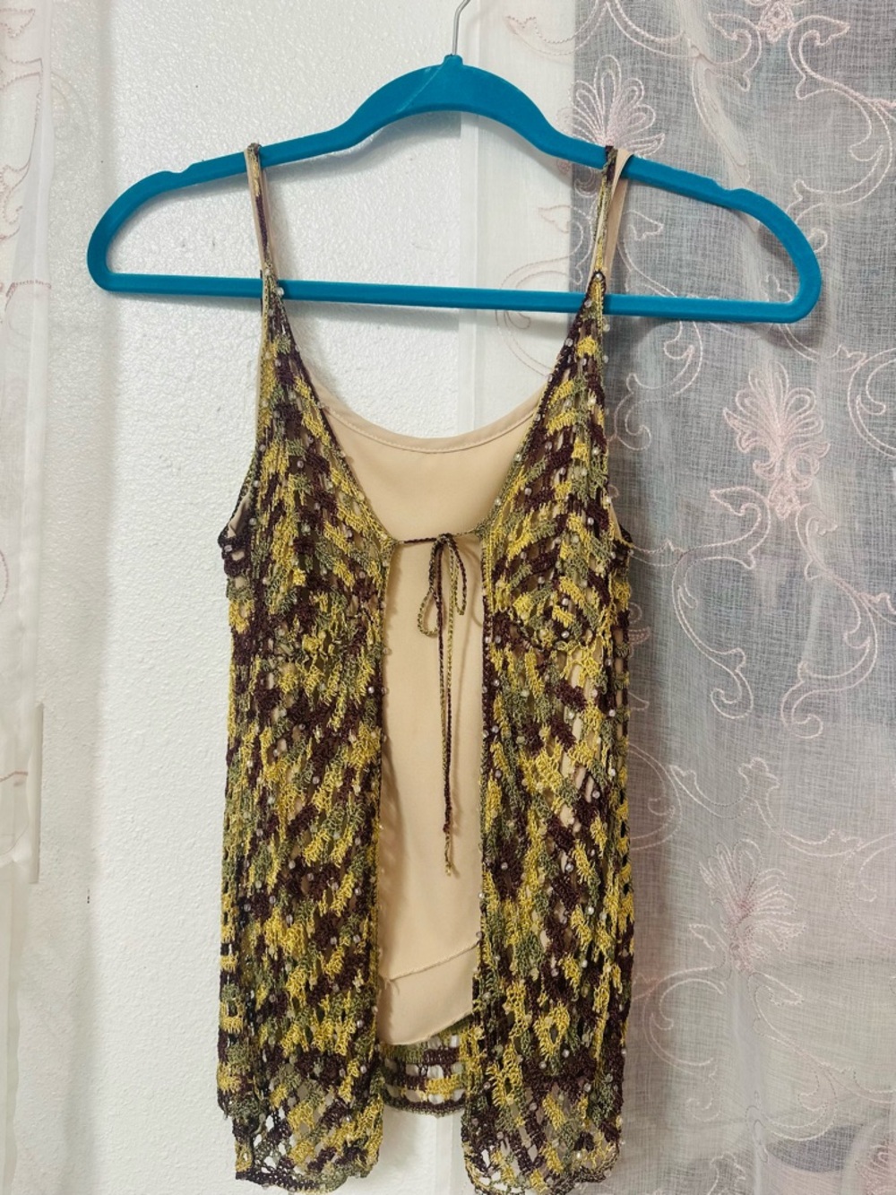 Lightweight Brown & Yellow Crochet Overlay Tank with Nude Liner